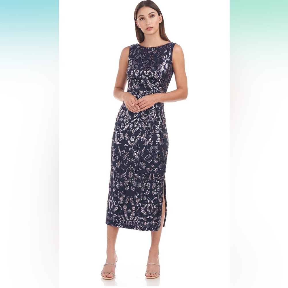 JS Collections Navy Floral Sequin Midi Dress